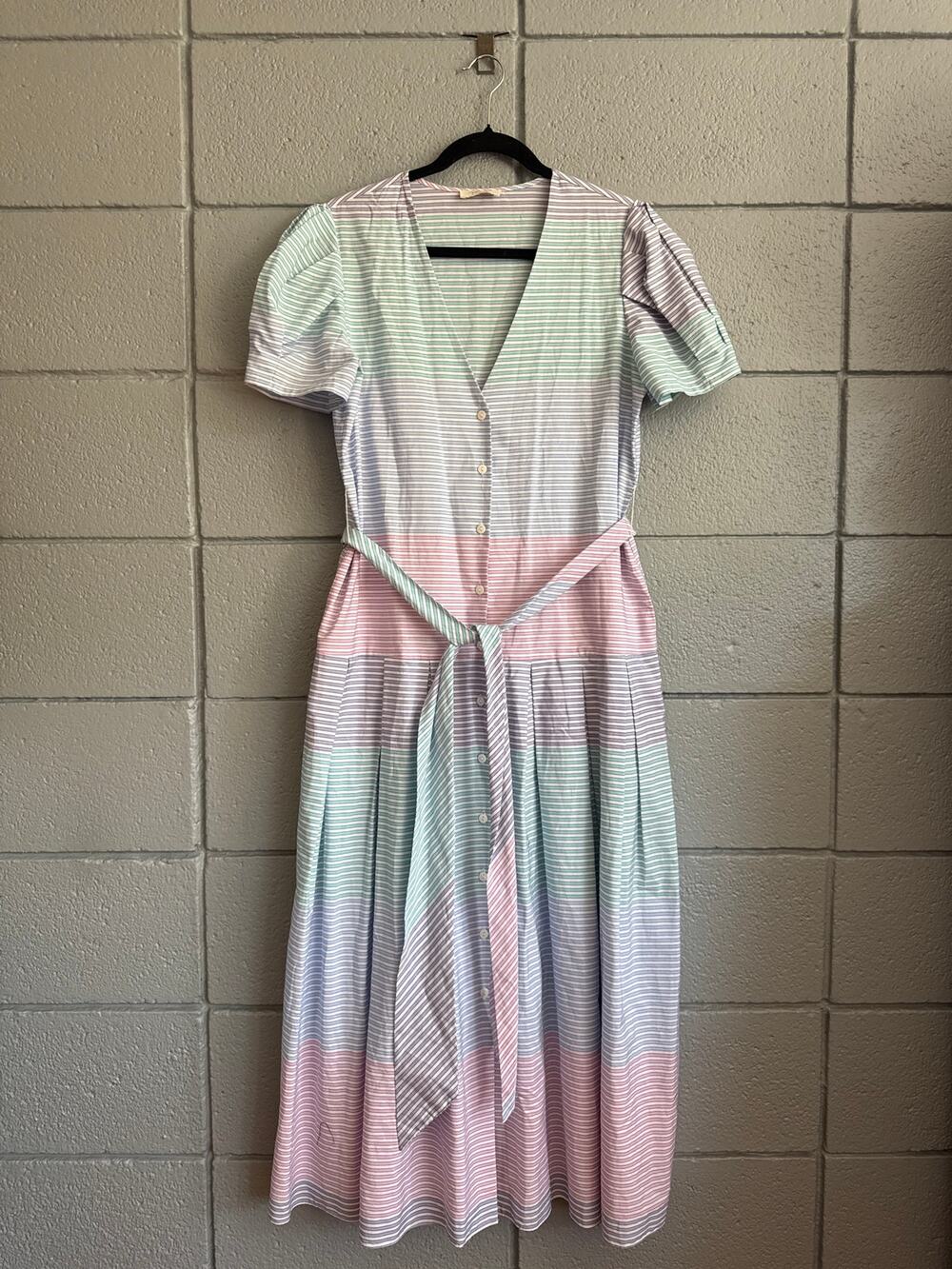 Petersyn Jenna Puff Sleeve Multi Color Striped Midi Dress size S